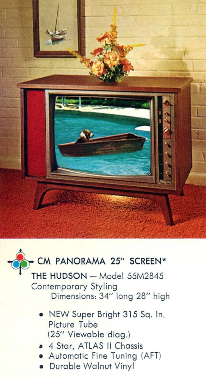 The Hudson, Model 55M2845, Contemporary Styling, CM Panorama 25 inch Screen. New super bright picture tube, durable walnut vinyl, automatic fine tuning (AFT) Four Star, ATLAS II chassis.