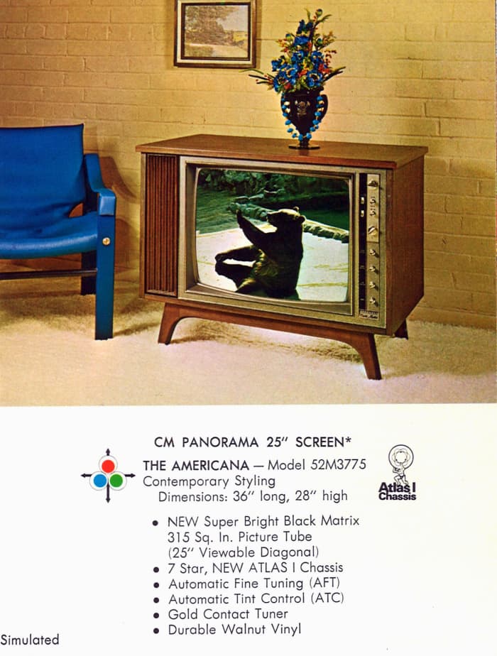 The Americana, Model 52M3775, Contemporary Styling, CM Panorama 24 Inch Screen. New super bright black matrix picture tube, seven star, New Atlas I chassis, durable walnut vinyl, gold contact tuner.