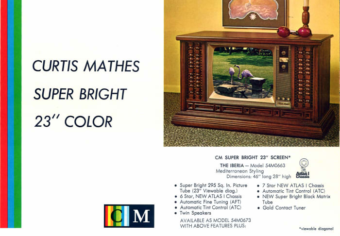 The Iberia, Model 54M0663, Mediterranean Styling, Cm Super Bright Screen. Super Bright 295 squire inch picture tube, 23 inches viewable diagonal. Automatic fine tuning (AFT).