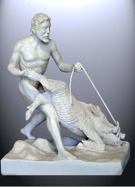 Heracles and the Erymantian boar. Statuette of 60 by 52 and 29 cm. Work of J. M. Félix Magdalena - Photo by Jomafemag - Released into PD