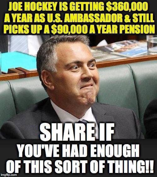 This is a photo of the 2014 Australian treasurer Joe Hockey, as it appears in Facebook. Here we have given him the name fat cat, not only because he is fat, but also because he earns too much money. It would be fair if he asks for a pay cut.