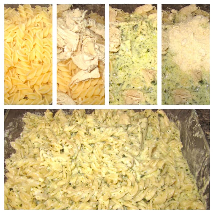 From top left to right: cooked pasta, pasta with chicken, pasta with chicken and sauce, pasta with chicken, sauce, and parmesan cheese. Bottom: finished pasta (all of the above mixed well together) ready to serve!