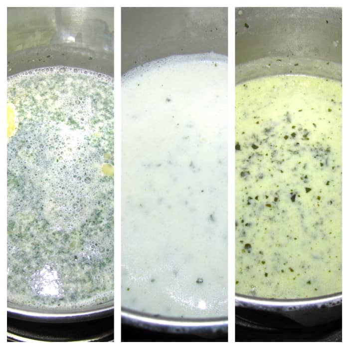 Left: Ingredients for alfredo sauce mixed together in a saucepan. Center: Sauce after it had been cooked per packet instructions. Right: Alfredo sauce mixed with the pesto sauce.