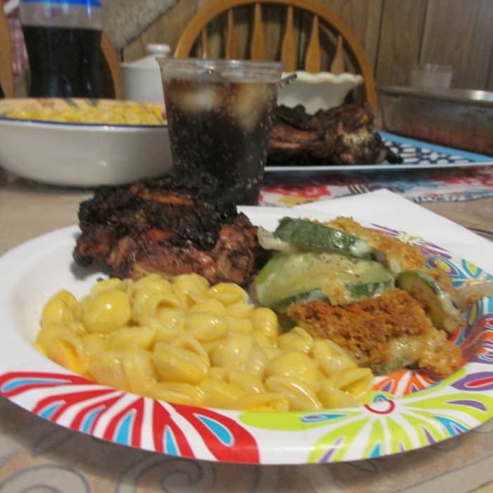 Zucchini casserole with grilled chicken and shells and cheese for a delightful summer dinner