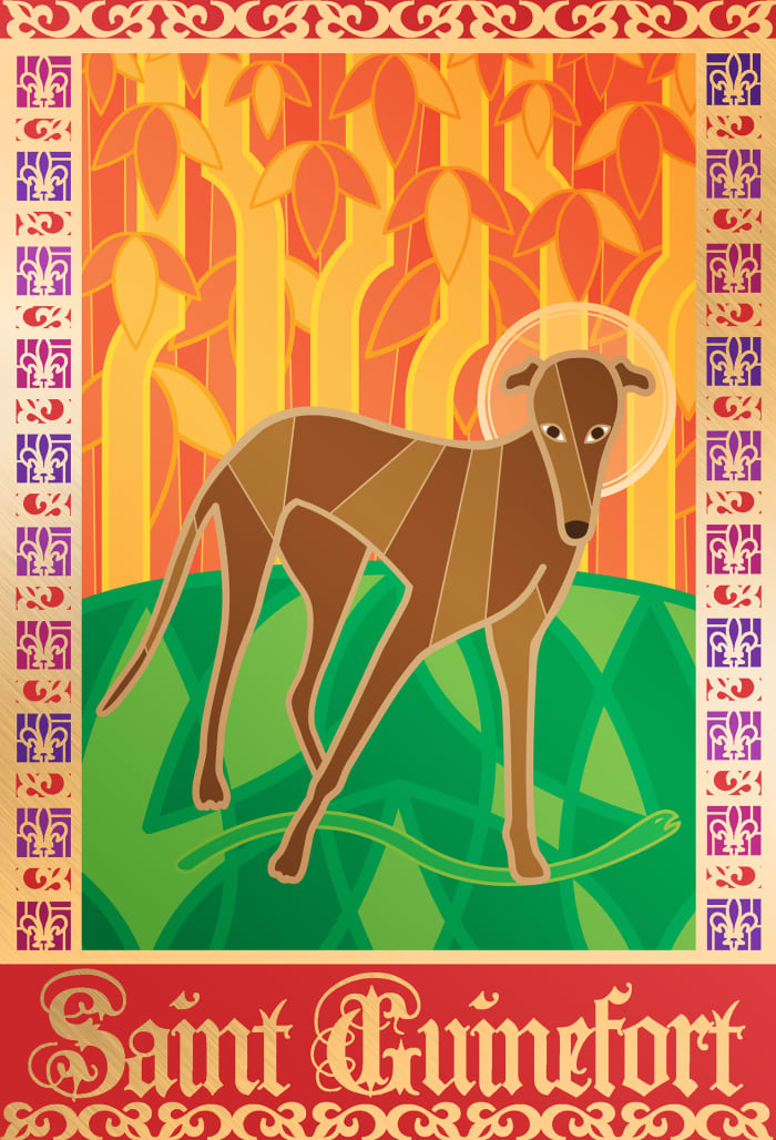 Illustration of Saint Guinefort, the greyhound who was named a saint by medieval people in a rural area of France around the 13th century. The veneration of St. Guinefort continued for over 700 years despite the protests of the Roman Catholic Church.