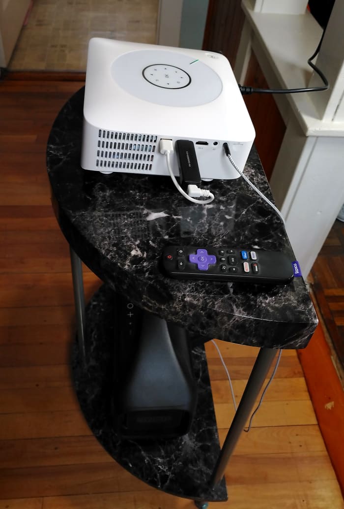 One HDMI port, the USB port, and headphone output are being used by external speaker and Roku media stick