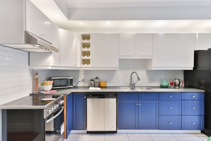 Blue cabinets help calm the energy of a kitchen. Kitchens usually have a lot of yang because of all the electronics and heat devices.