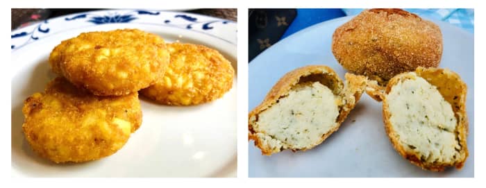 Left, three Chinese-style potato cakes with rice. Right, three Italian-style potato croquettes with cheese, marjoram, and garlic.
