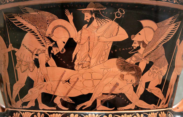 Thanatos (rightmost) is the Greek personification of death. Some later traditions also associated him with gentle passing, with violent demises attributed to the Keres.