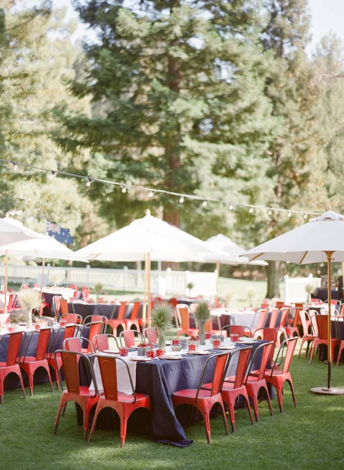 Use runners, and table cloths that compliment your theme. If your chairs are white, use red and blue on your tables. No matter the color of the chairs at your reception, you can always use chair covers if neccesary