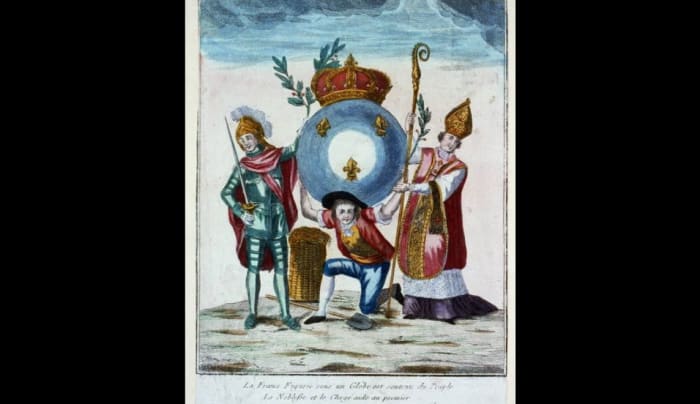 A French political cartoon from 1789 shows the Third Estate (peasants) bearing the burden of the First Estate (the Clergy) and the Second Estate (the nobility).