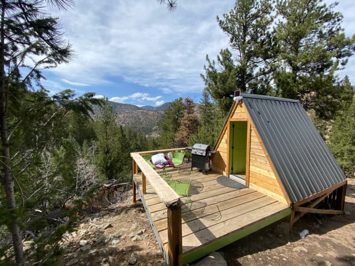 Here was our glamping A-frame. It had spectacular views, a porch, and some cooking equipment and games.