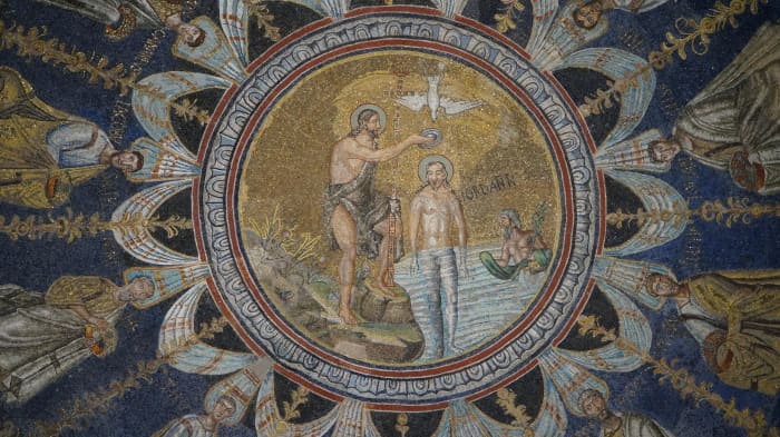 Mosaic depicting John the Baptist’s baptism of Jesus in the Jordan River