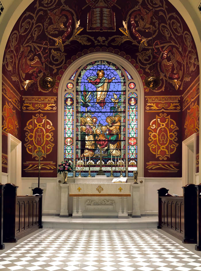 Jesus, like Elijah, is believed to have ascended bodily to heaven, The stained glass of a church depicting the ascension of Jesus