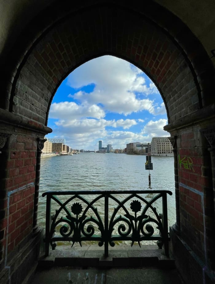 The Spree River seen from Oberbaum bridge towards Treptow. The bridge opened in 1896.