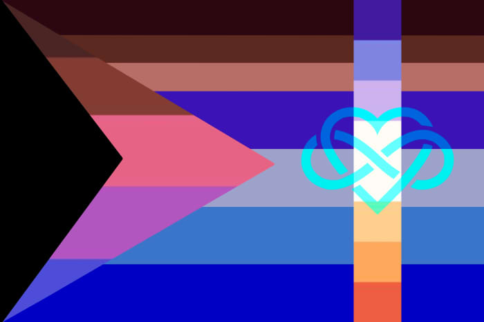 A flag put together to represent how Sam Identifies as polyam, Black Sapphic, Demibiromantic, and Black Bi and asexual.