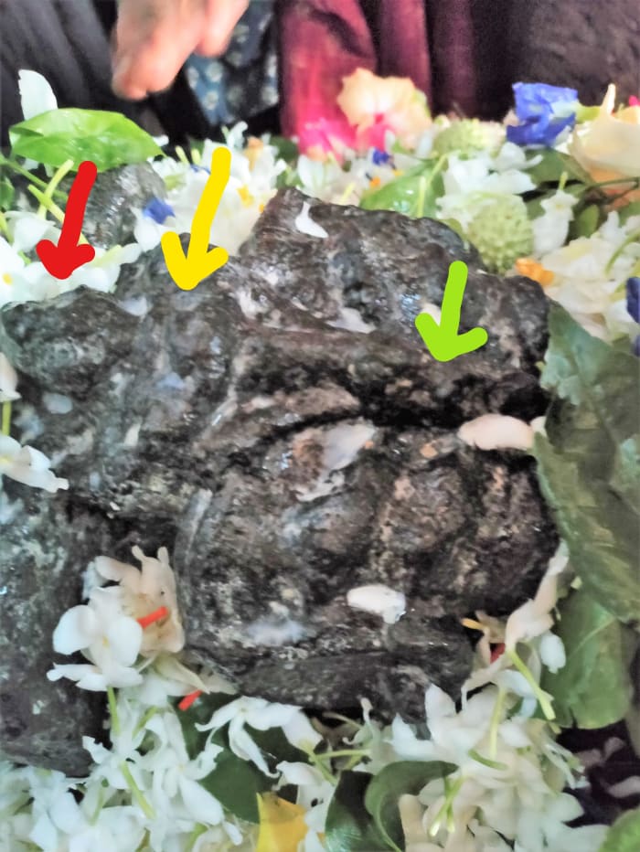The Shiva; the Red arrow shows the face; the Yellow arrow the folded arms and the Green arrow the feet of Lord Shiva