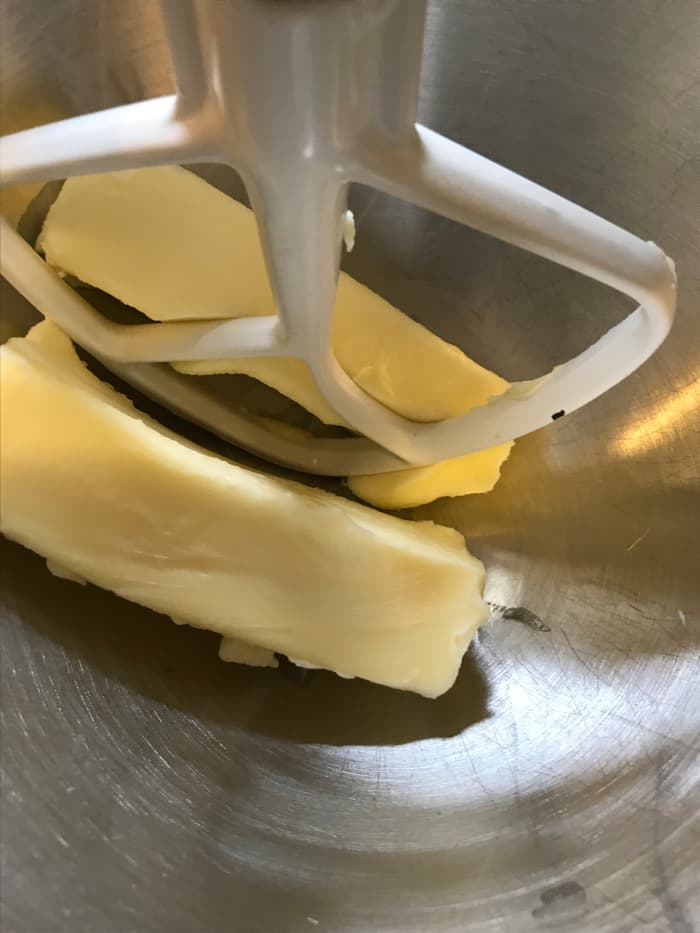 Beat together one cup each butter, white sugar and brown sugar until light and fluffy. Scrape down the sides of the bowl as you work to keep ingredients fully incorporated.