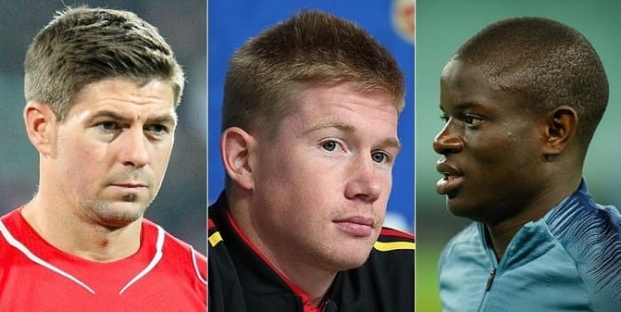 Steven Gerrard (left), Kevin De Bruyne (middle), and N'Golo Kante (right).