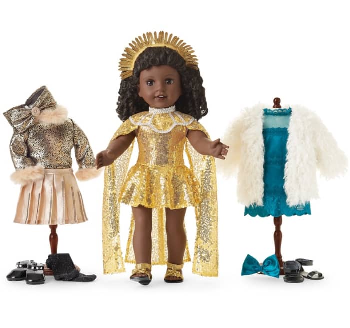 Harlem’s Fashion Row Claudie Bundle, featuring Claudie’s Sparkly Skirt & Fur-Trim Top (left), Glitzy Sequin Gown & Capelet Outfit (middle), and Jazzy Flapper & Fur Coat Outfit (right).