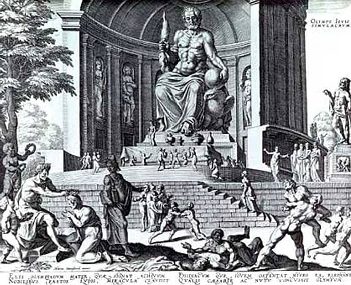 Artistic representation of the Statue of Zeus in Olympia.