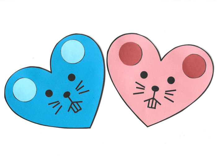 Here are the finished samples of colored and assembled mice. They can be used on greeting cards, stick puppets, and other craft projects.