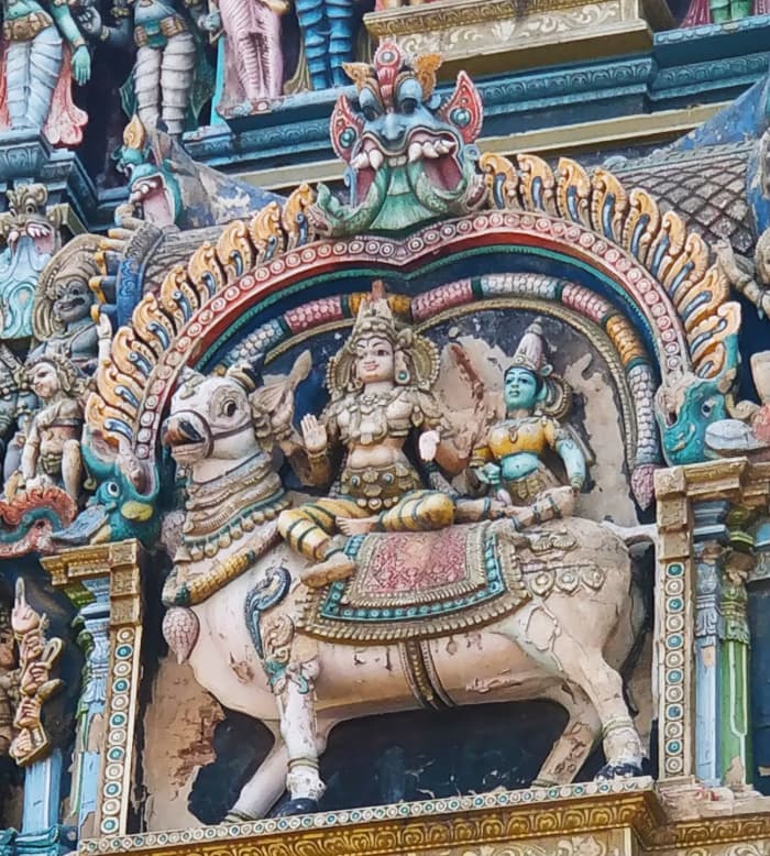 Lord Shiva with his consort Goddess Parvati on Nandi the Bull; Meenakshi Amman temple; Madurai, Tamil Nadu