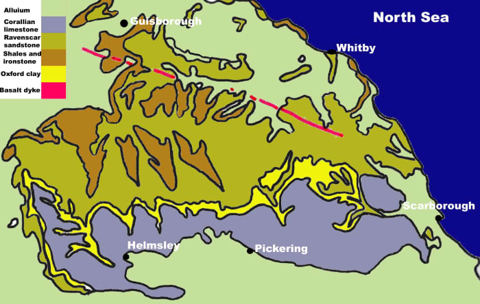 Geological map of the North Yorkshire Moors shows the 'folded' rock formations with igneous rock and iron content around the north of the area (Cleveland)