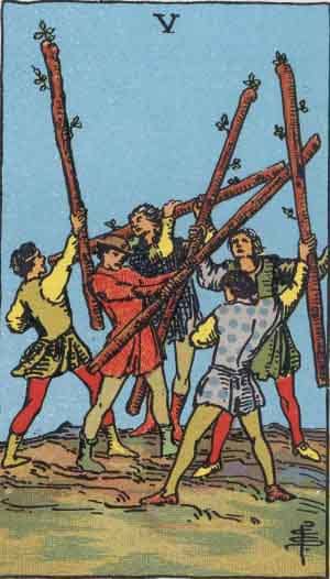 The Five of Wands is about conflict, too many cooks in the kitchen, disagreements, and battles. Everyone picks up a stick and fights—it's unclear if there will be a winner.