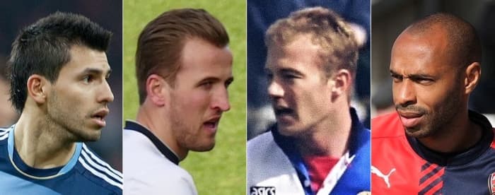 Sergio Agüero, Harry Kane, Alan Shearer, and Thierry Henry (left to right) are some of the best Premier League strikers of all time.