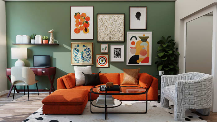 I love the idea of an orange couch with a green background for a Tiger living room.