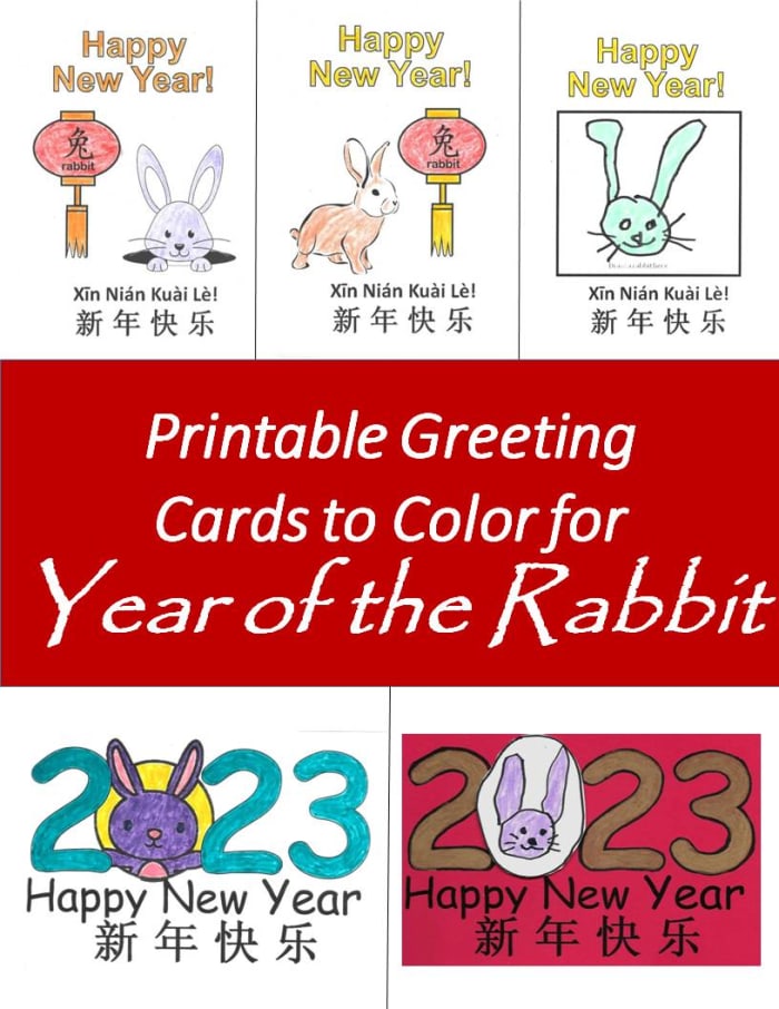 This article has a link to 18 printable greeting cards to color for the Year of the Rabbit - Chinese New Year.