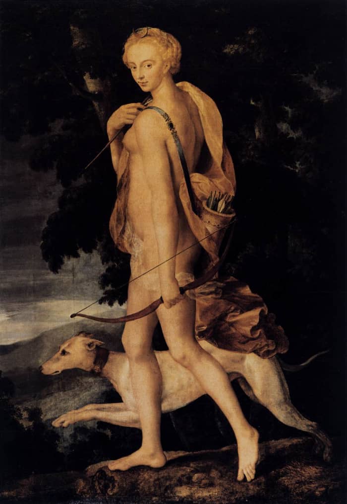 Diana Huntress 1550-60. An example of the Fontainebleau First School of Painting . Now at the Louvre.