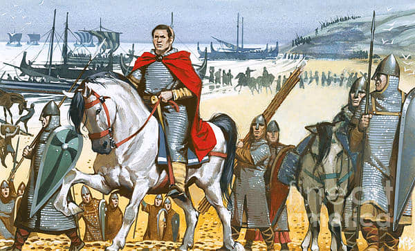 An Angus McBride painting shows William on horseback shortly after his stumble on the shore in Sussex near Hastings