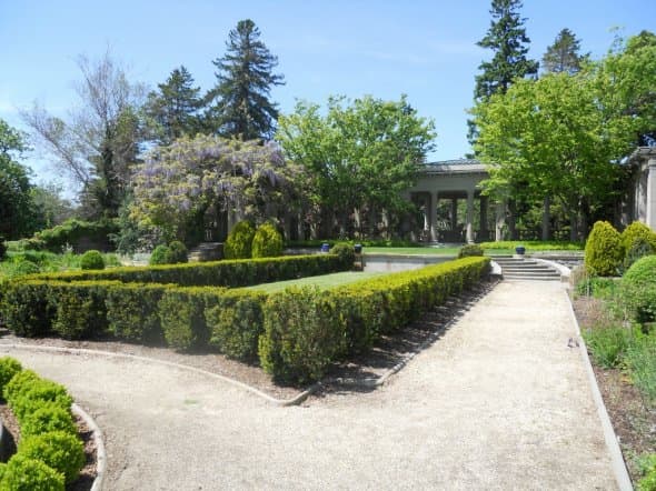 Looking across the gardens to a vine-covered arbor adjacent to the mansion. May 2012