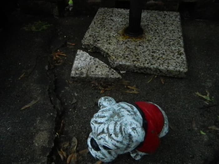 One corner of our granite umbrella stand was broken off this morning. Was that what we heard last night?