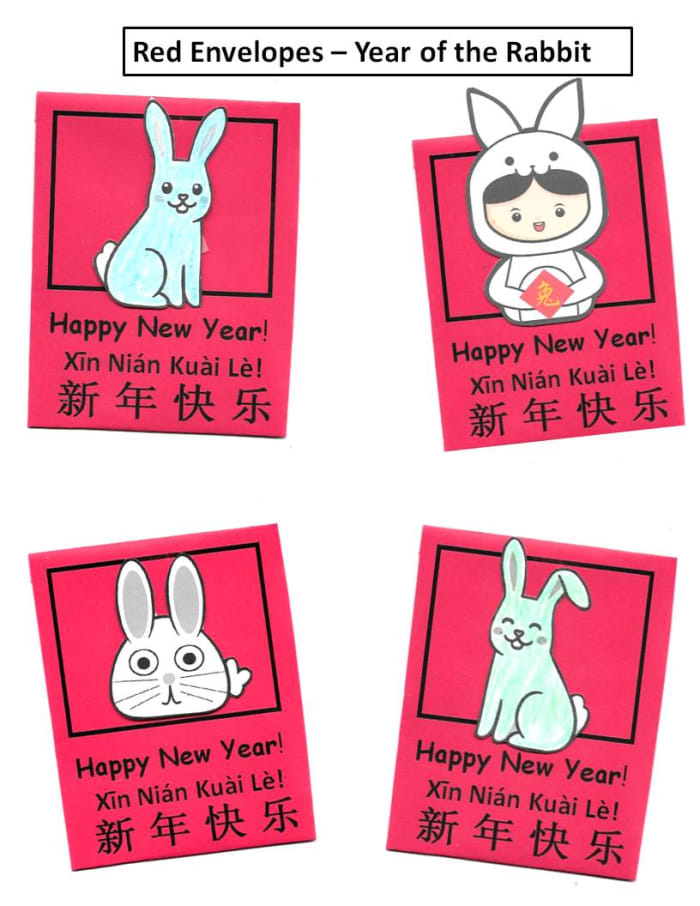 These envelopes were printed onto red paper. The pictures (which you can find on the last page of the bookmarks template below) were colored, cut out, and then glued to the envelope.