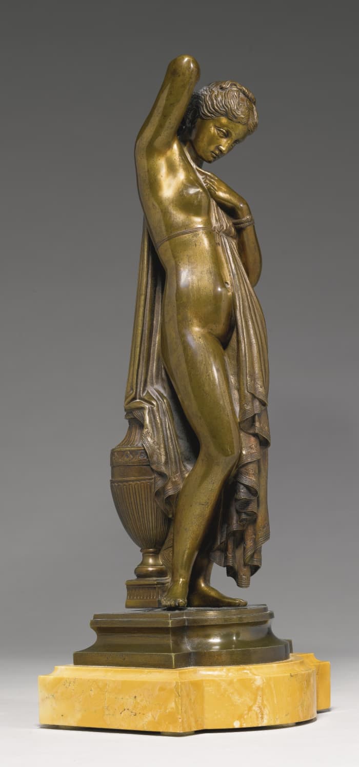 Around 340 BC, Phryne was accused of affronting the gods by appearing nude during a religious ceremony. At her trial, the orator Hyyperides -her defender and one of her lovers- ripped Phryne's robe open and exposed her to the court.