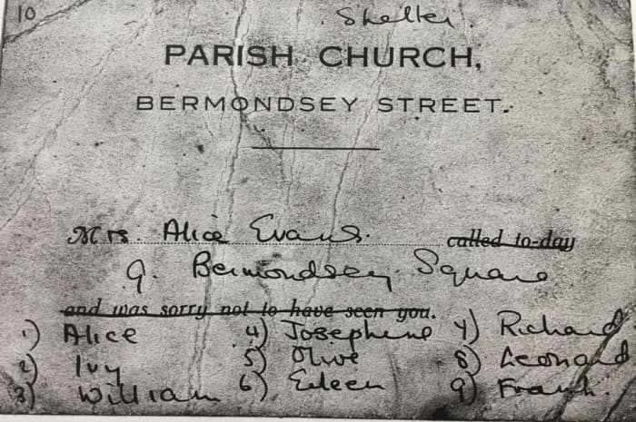 The air raid ticket used by the Evans family during the war, showing my Grandma Evans and the younger children, including my dad, who sought safety at the church.