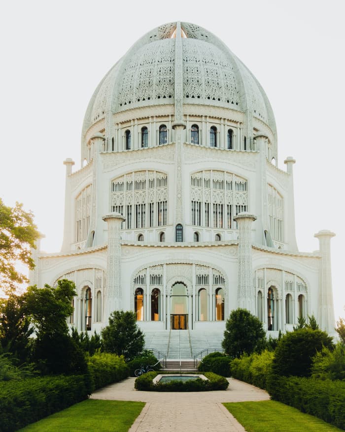 Bahá’í House of Worship in Wilmette, Illinois, USA. Bahá’í devotional services are held there regularly and include prayers, songs and readings from the sacred texts of diverse religions. They are open to peoples of all faiths.