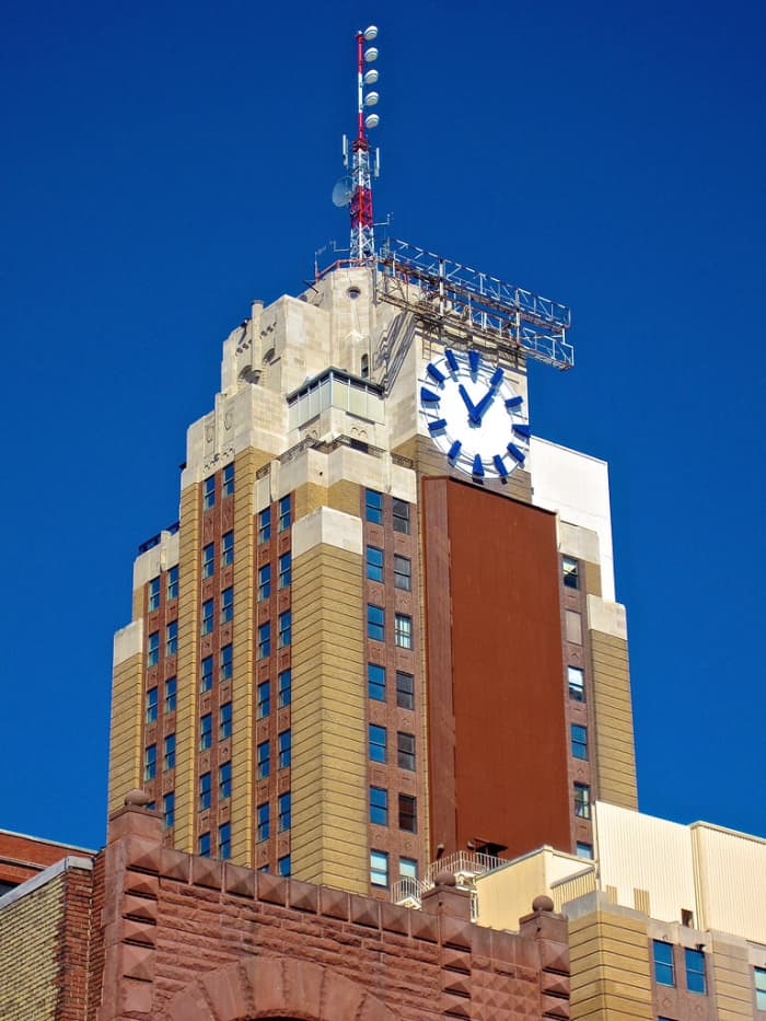 The Boji Tower, Lansing's Empire State Building showing unique eastward-facing clock