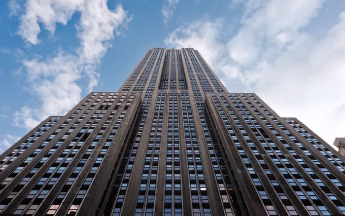 View of Empire State Building looking upward from street level--even today, nothing in New York says height like the Empire State!