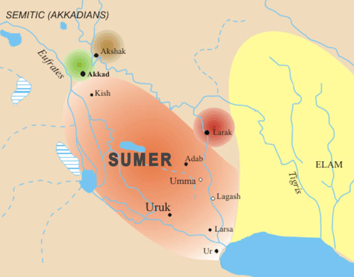 A map depicting ancient Sumer. Though it started as the city of Eridu, the civilization grew to encompass the cities of Kish (to the north) and Ur (to the south).
