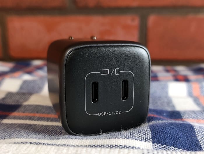One USB-C port will supply 45 watts of power. When both outputs are used, the top port can deliver 25w and the bottom port, 20w