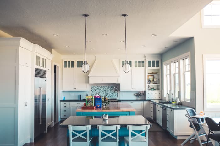 The kitchen looks lovely with baby blue and teal shades. The Monkey likes interesting color shades and fun patterns.
