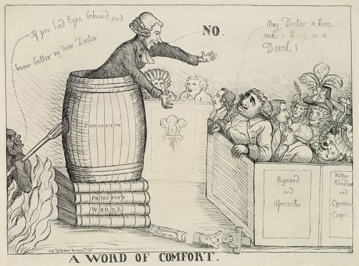 "A British satire on the efforts of Charles James Fox to get the Test and Corporation Acts repealed. Joseph Priestley, preaching, speaks for the concerns of the clergy, stating their opposition to "Reynard and Associates"