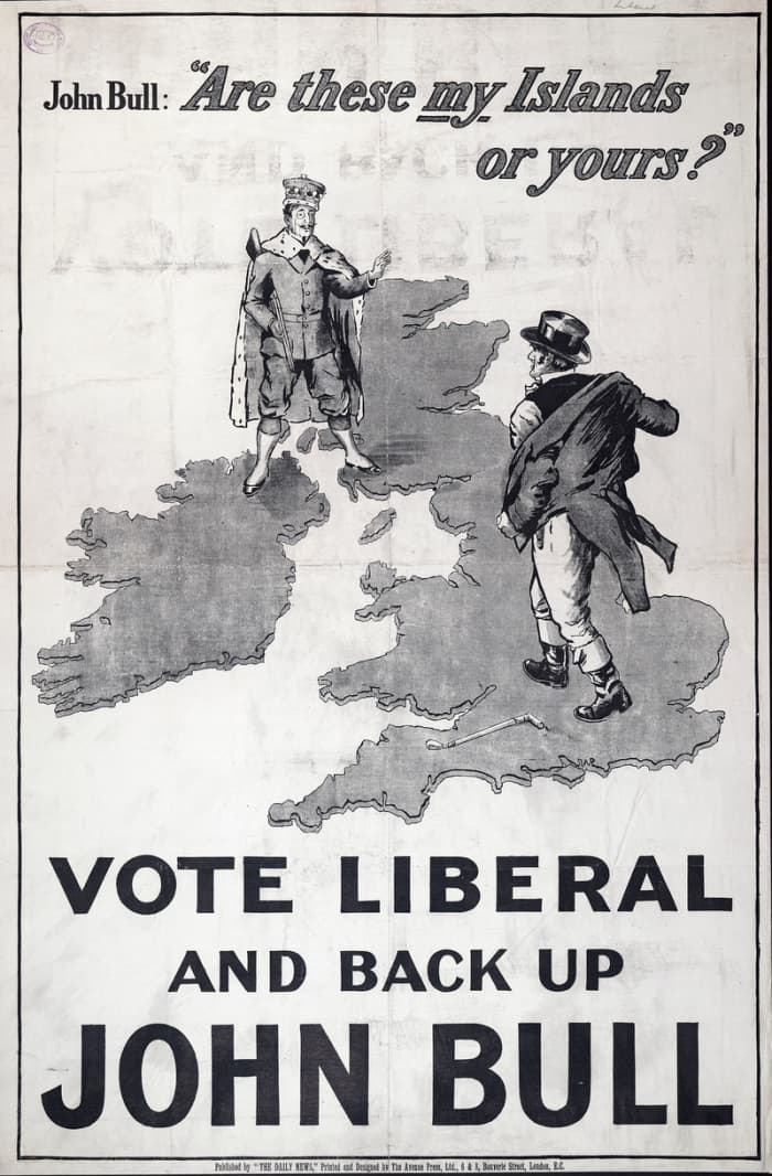 John Bull is seen standing on an outline map of the British Isles (he stands squarely between London and the Midlands), facing a 'Tory peer'-type who is dressed in hunting clothes, ermine-trimmed robes, and a monocle, and carrying a shotgun.