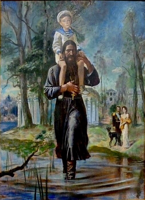 Fate A painting of Tsarevich Alexei Nikolaevich Romanov of Russia on Grigori Rasputin's shoulders.The Tsar and Empress in the background.Painting by St Peterburg's painter,Michael G. Kudrevatykh.1990. Was it Fate they met?