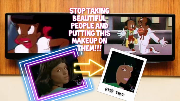Depicting Black characters with giant lips in pink, peach, red and white harkens back to the days of racist blackface minstrel shows.