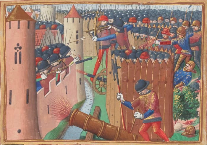The Siege of Orléans in 1429 made use of cannons. A 15th-century depiction from Les Vigiles de Charles VII by Martial d'Auvergne.